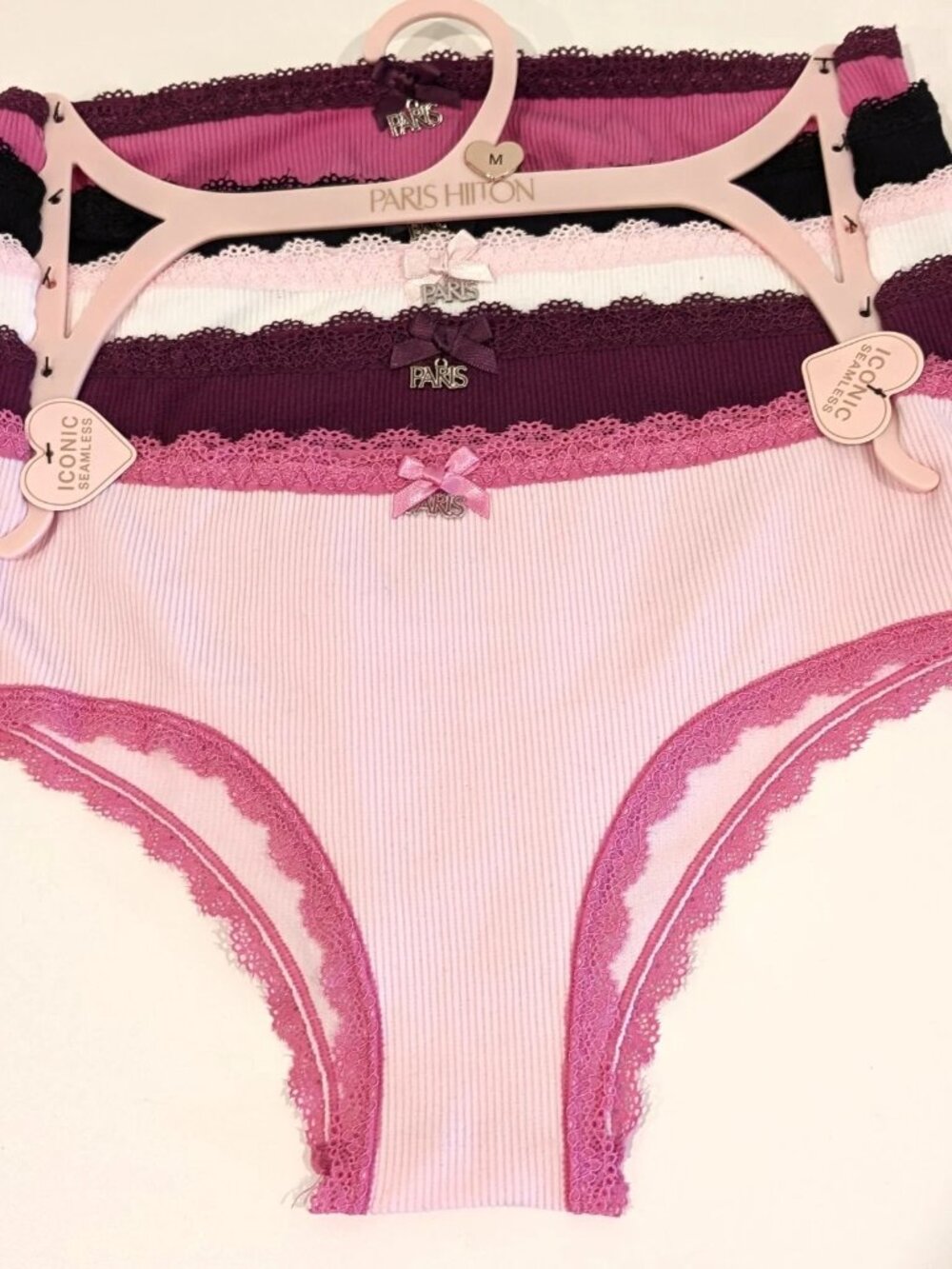 NWT Paris Hilton Seamless Ribbed Lace Panties 5 Pack Pink Black Charm Medium M